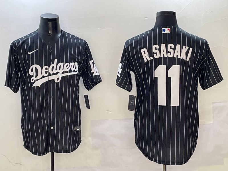 Men Los Angeles Dodgers 11 R.Sasaki Black Stripe Jointly Name 2025 Nike MLB Jersey style 1